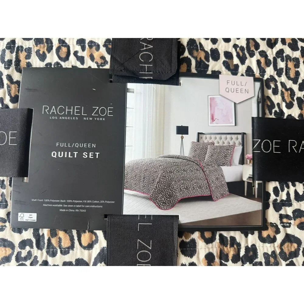 Rachel Zoe Full/Queen Leopard Print Quilt Set Pink Trim Animal Print Bedding